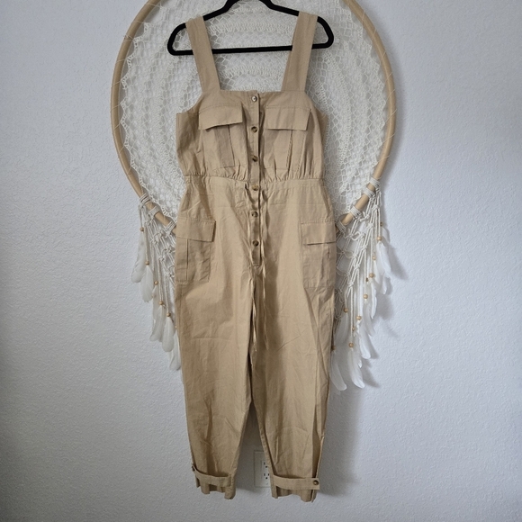 ZARA Poplin Cargo Overall Jumpsuit Tan Color Size Medium - Picture 13 of 13